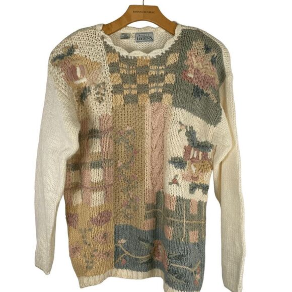 Basic Editions Women's size Small Vintage Knit Color block floral Sweater - Picture 1 of 6